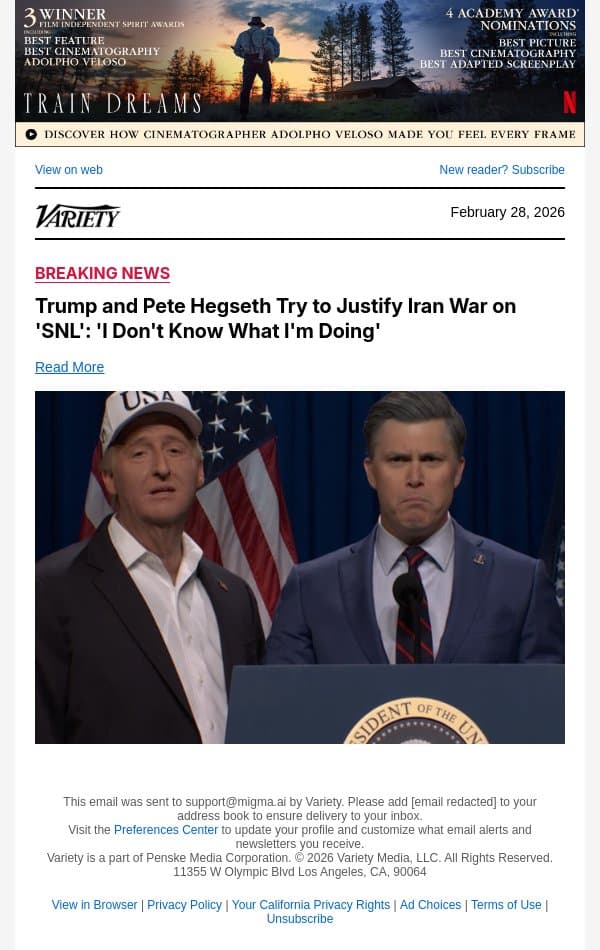 Trump and Pete Hegseth Try to Justify Iran War on 'SNL': 'I Don't Know What I'm Doing' email from Variety screenshot