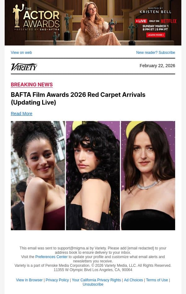 BAFTA Film Awards 2026 Red Carpet Arrivals (Updating Live) email from Variety screenshot