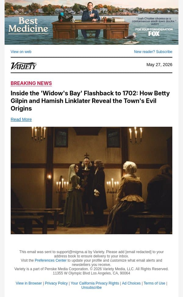 Inside the 'Widow's Bay' Flashback to 1702: How Betty Gilpin and Hamish Linklater Reveal the Town's Evil Origins email from Variety screenshot