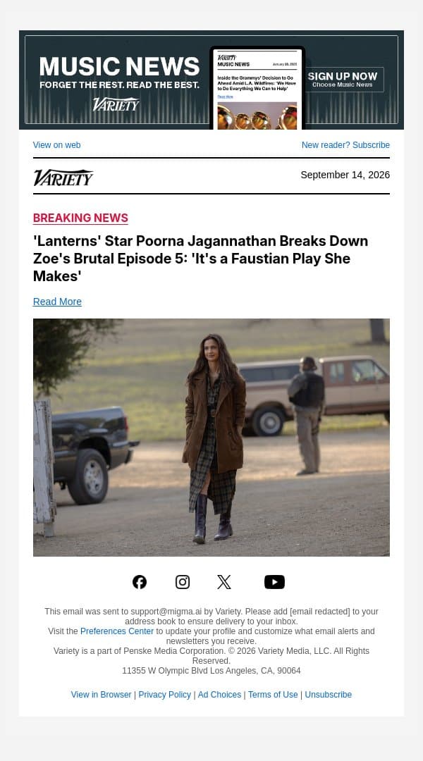 'Lanterns' Star Poorna Jagannathan Breaks Down Zoe's Brutal Episode 5: 'It's a Faustian Play She Makes' email from Variety screenshot