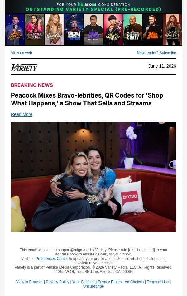 Peacock Mixes Bravo-lebrities, QR Codes for 'Shop What Happens,' a Show That Sells and Streams email from Variety screenshot