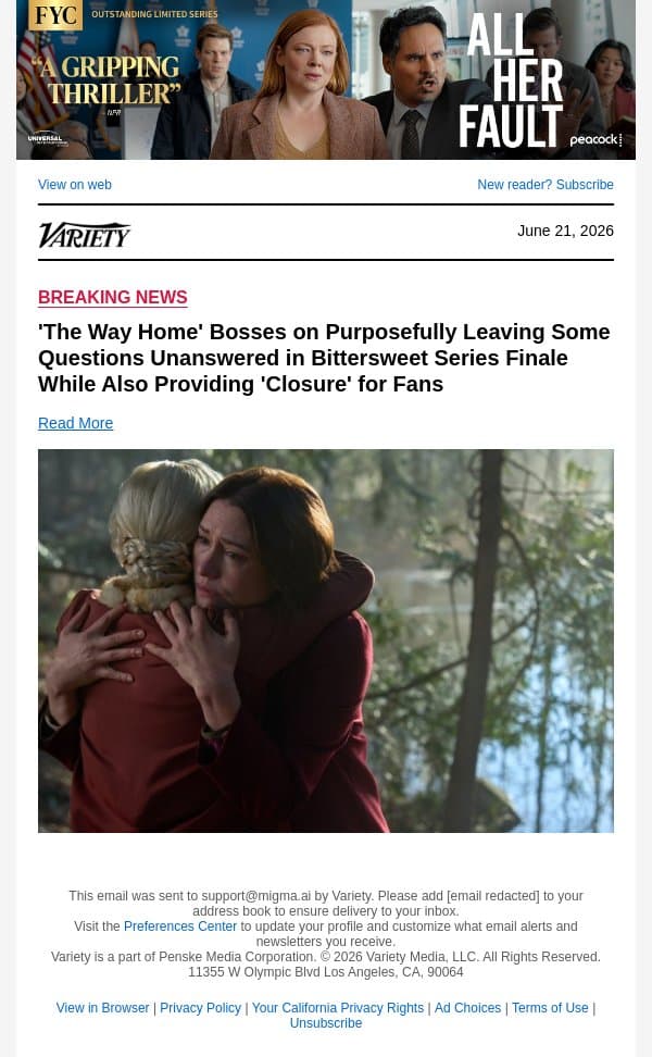 'The Way Home' Bosses on Purposefully Leaving Some Questions Unanswered in Bittersweet Series Finale While Also Providing 'Closure' for Fans email from Variety screenshot