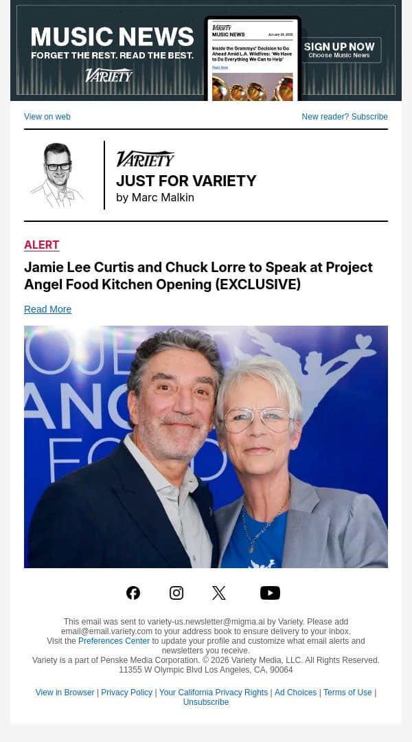 Jamie Lee Curtis and Chuck Lorre to Speak at Project Angel Food Kitchen Opening (EXCLUSIVE) email from Variety screenshot