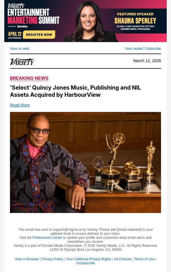 'Select' Quincy Jones Music, Publishing and NIL Assets Acquired by HarbourView email from Variety screenshot
