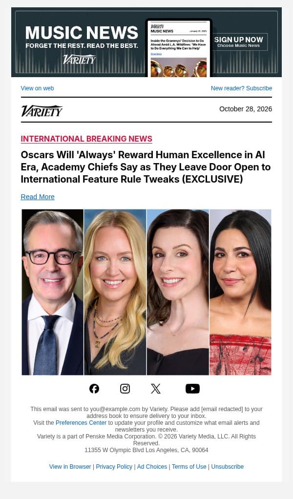 Oscars Will 'Always' Reward Human Excellence in AI Era, Academy Chiefs Say as They Leave Door Open to International Feature Rule Tweaks (EXCLUSIVE) email from Variety screenshot