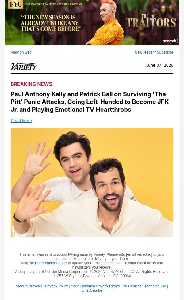 Paul Anthony Kelly and Patrick Ball on Surviving 'The Pitt' Panic Attacks, Going Left-Handed to Become JFK Jr. and Playing Emotional TV Heartthrobs email from Variety screenshot