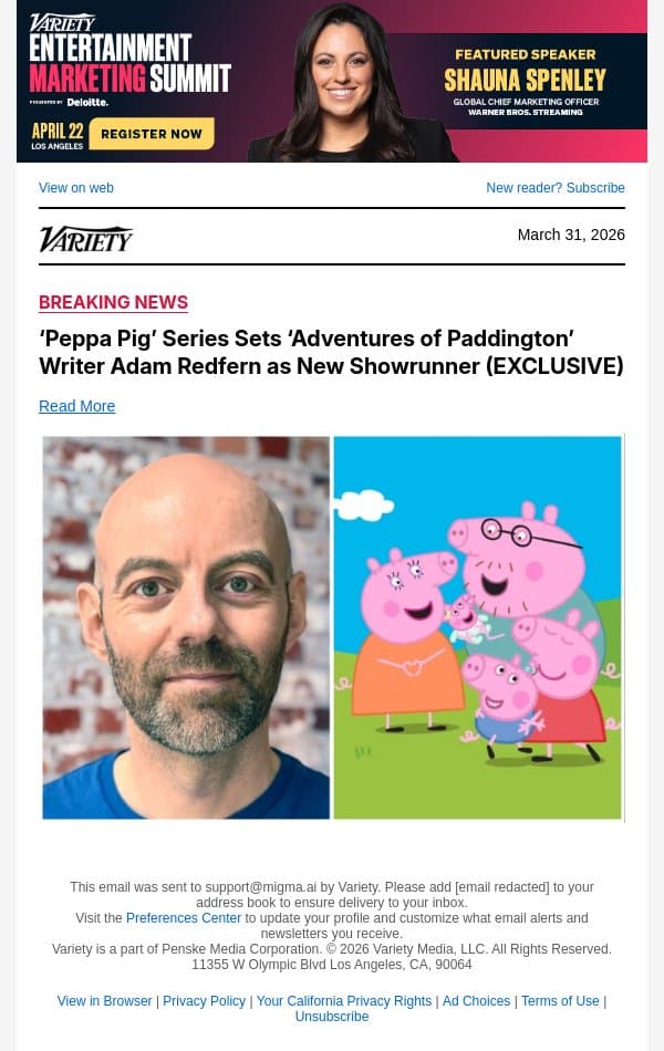 ‘Peppa Pig’ Series Sets ‘Adventures of Paddington’ Writer Adam Redfern as New Showrunner (EXCLUSIVE) email from Variety screenshot