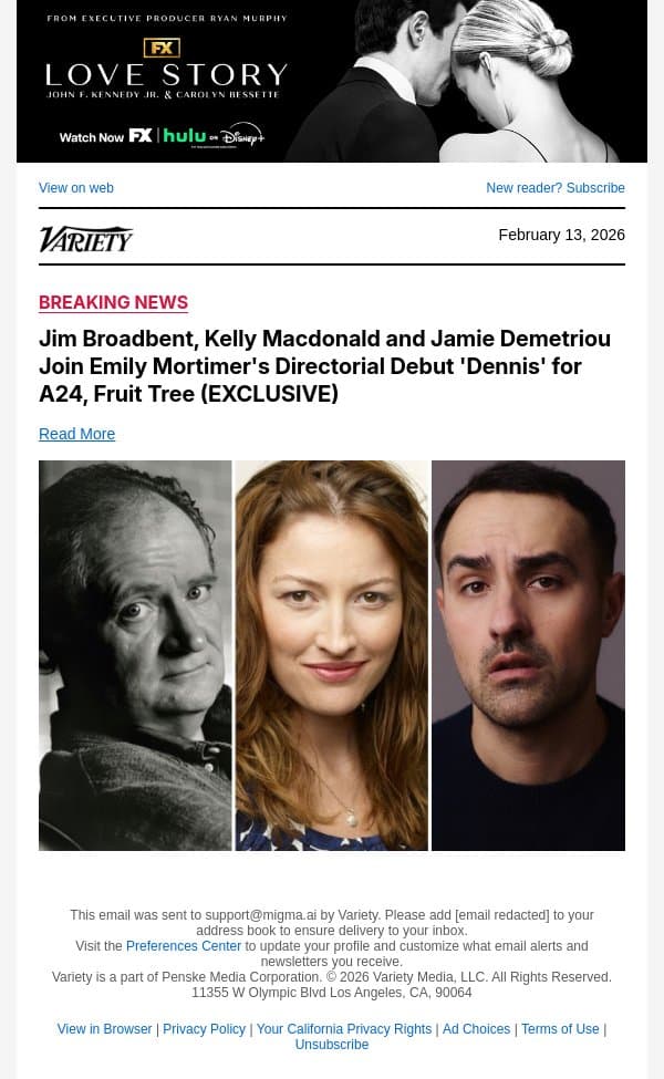Jim Broadbent, Kelly Macdonald and Jamie Demetriou Join Emily Mortimer's Directorial Debut 'Dennis' for A24, Fruit Tree (EXCLUSIVE) email from Variety screenshot