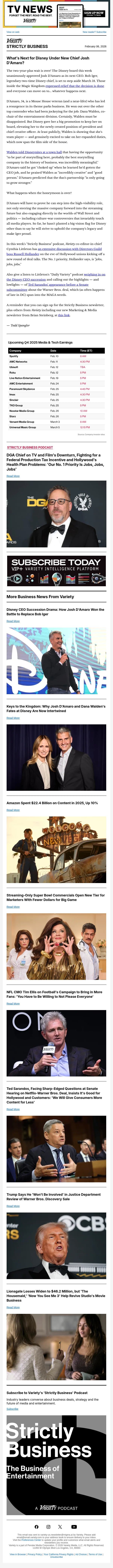 Strictly Business Newsletter & Podcast: Disney CEO Waiting Game Is Over; How Josh D'Amaro Won the Job; Deep Dive With DGA Boss Russell Hollander; Mr. Sarandos Goes to Washington; Super Bowl's Streaming-Only Ads; and More email from Variety screenshot