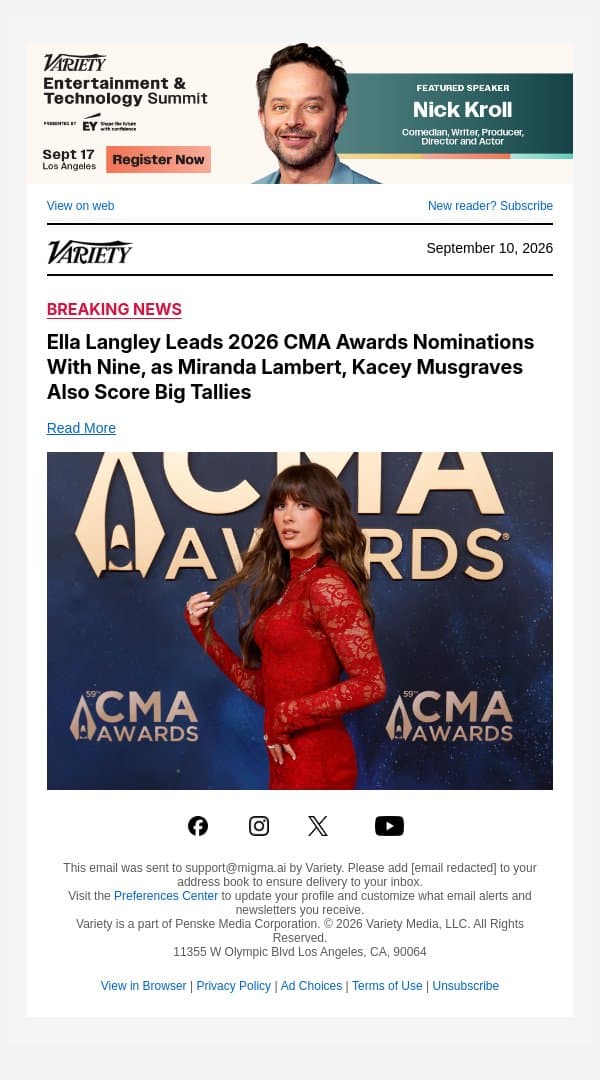 Ella Langley Leads 2026 CMA Awards Nominations With Nine, as Miranda Lambert, Kacey Musgraves Also Score Big Tallies email from Variety screenshot