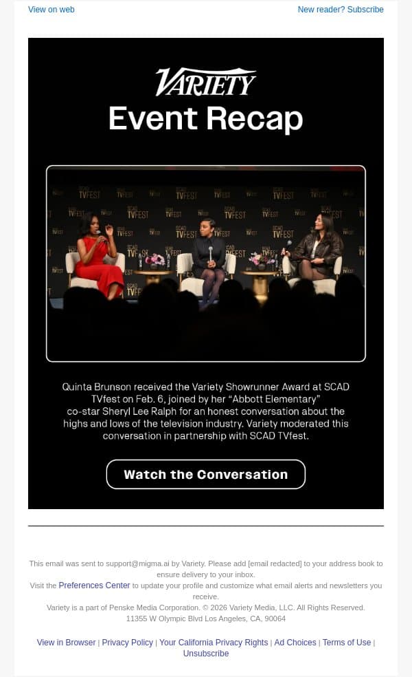 Watch the Conversation - Quinta Brunson Reflects on the Business, Explains Why She Won’t Direct ‘Abbott Elementary’ Yet email from Variety screenshot