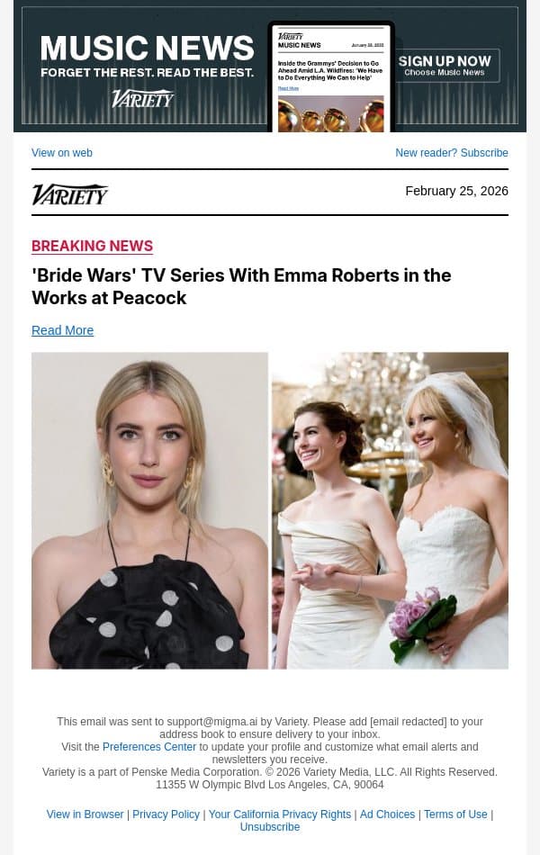 'Bride Wars' TV Series With Emma Roberts in the Works at Peacock email from Variety screenshot