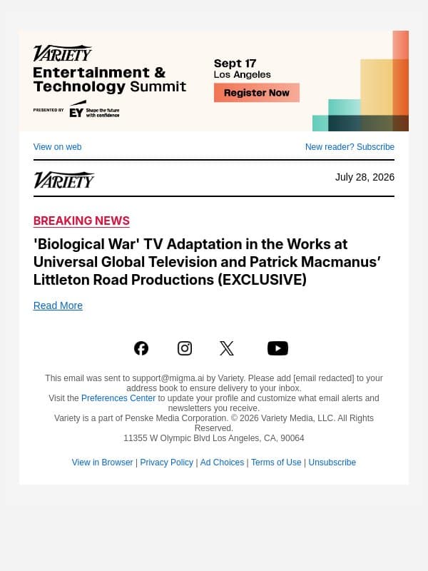 'Biological War' TV Adaptation in the Works at Universal Global Television and Patrick Macmanus’ Littleton Road Productions (EXCLUSIVE) email from Variety screenshot
