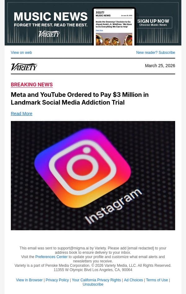 Meta and YouTube Ordered to Pay $3 Million in Landmark Social Media Addiction Trial email from Variety screenshot