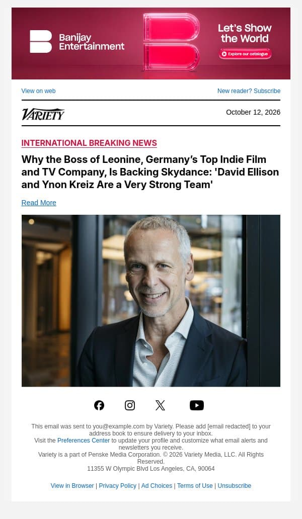 Why the Boss of Leonine, Germany’s Top Indie Film and TV Company, Is Backing Skydance: 'David Ellison and Ynon Kreiz Are a Very Strong Team' email from Variety screenshot