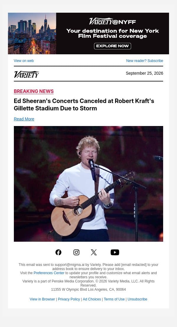 Ed Sheeran's Concerts Canceled at Robert Kraft's Gillette Stadium Due to Storm email from Variety screenshot