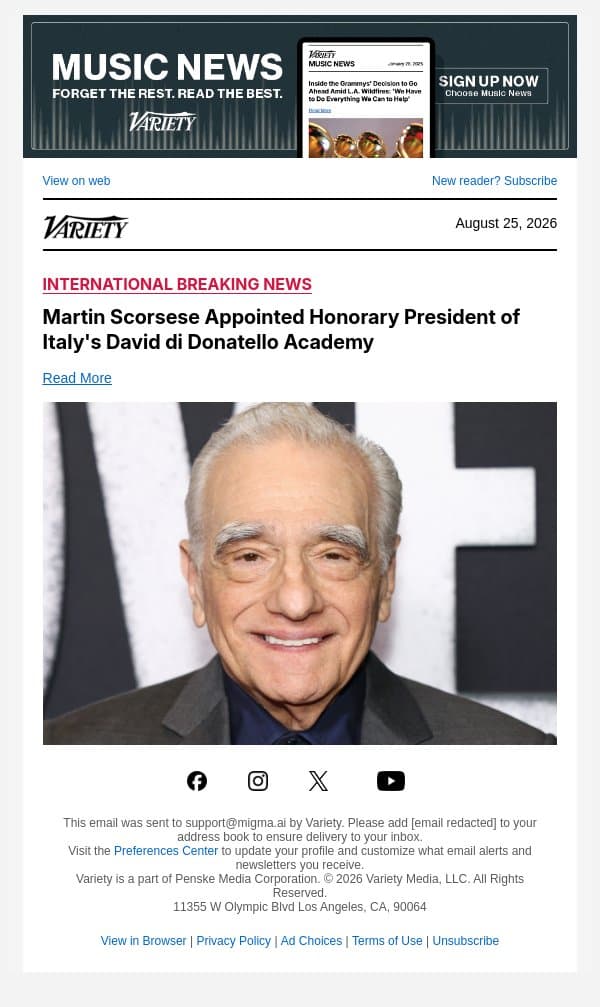 Martin Scorsese Appointed Honorary President of Italy's David di Donatello Academy email from Variety screenshot