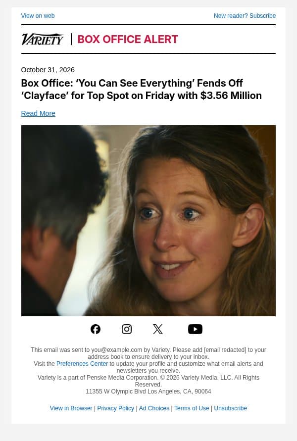 Box Office: ‘You Can See Everything’ Fends Off ‘Clayface’ for Top Spot on Friday with $3.56 Million email from Variety screenshot