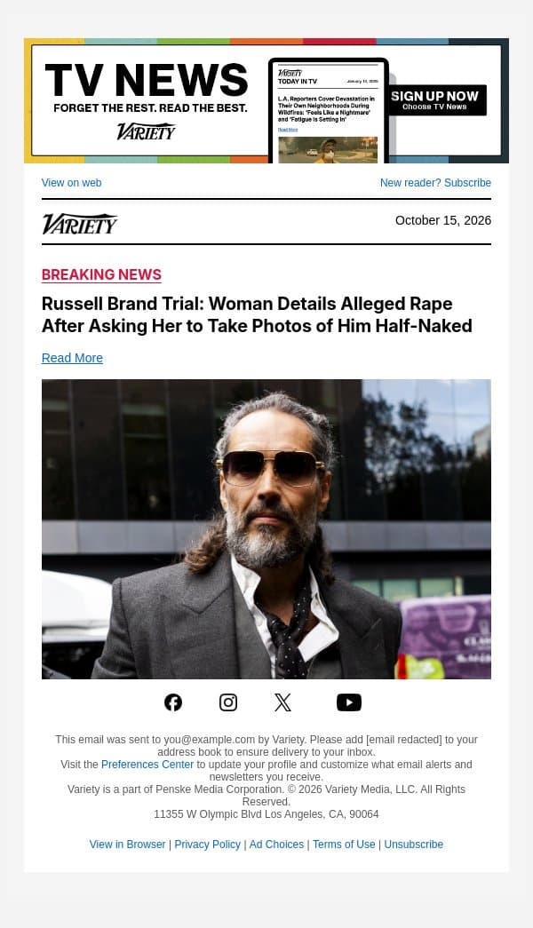 Russell Brand Trial: Woman Details Alleged Rape After Asking Her to Take Photos of Him Half-Naked email from Variety screenshot
