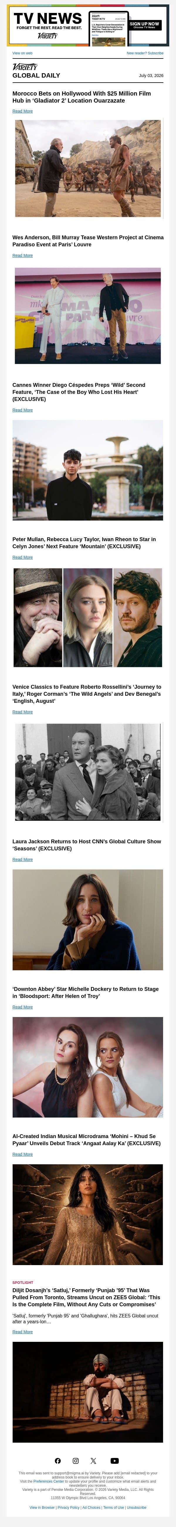 Morocco Launches New Film Hub; Wes Anderson Teases Western in Paris; Diego Céspedes Preps Second Feature email from Variety screenshot