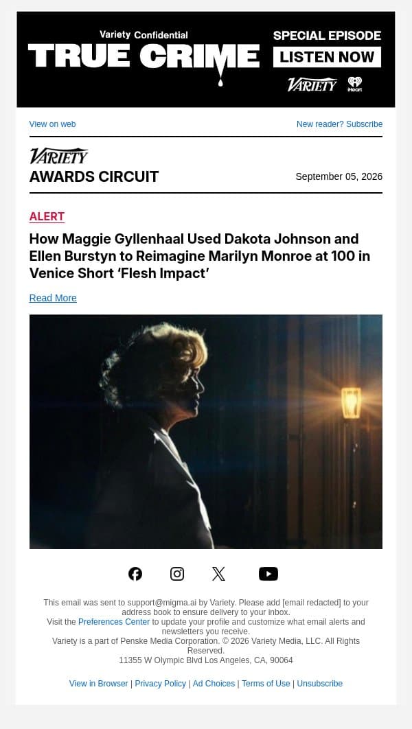 How Maggie Gyllenhaal Used Dakota Johnson and Ellen Burstyn to Reimagine Marilyn Monroe at 100 in Venice Short ‘Flesh Impact’ email from Variety screenshot