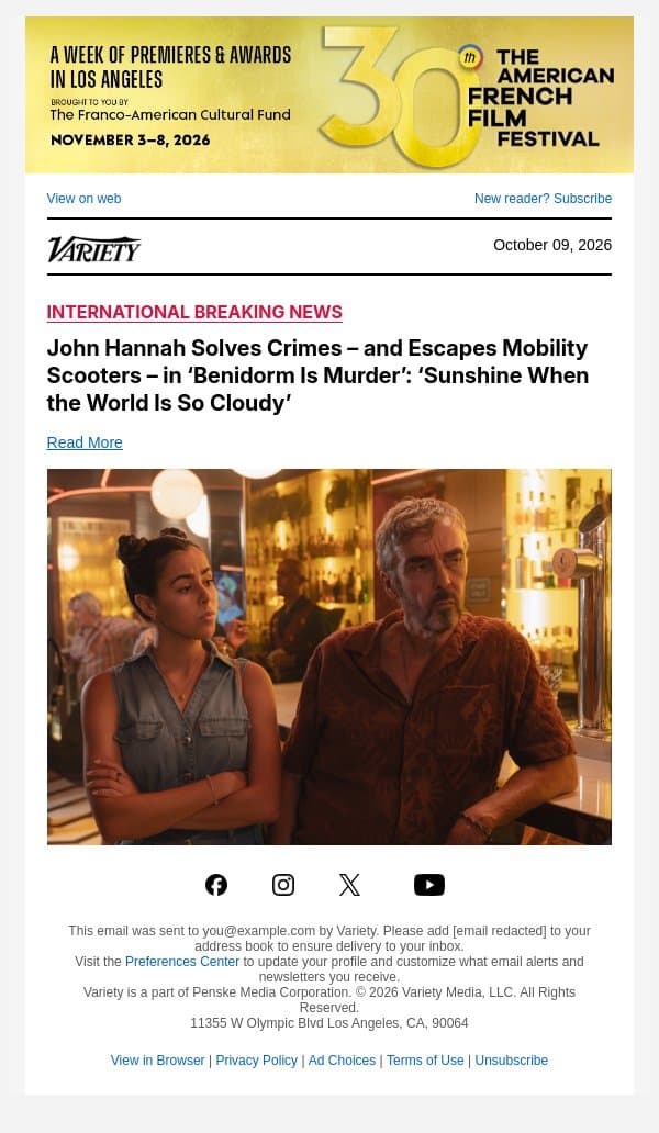 John Hannah Solves Crimes – and Escapes Mobility Scooters – in ‘Benidorm Is Murder’: ‘Sunshine When the World Is So Cloudy’ email from Variety screenshot