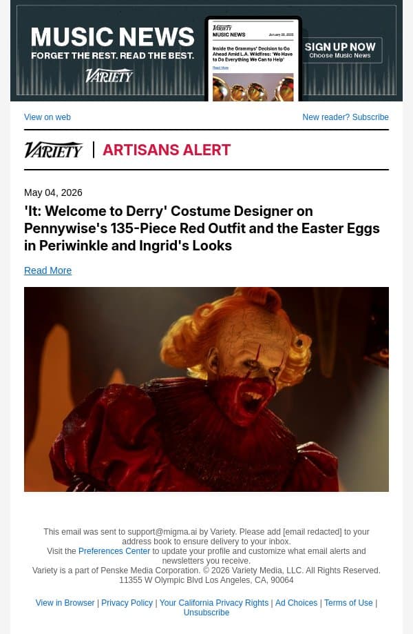 'It: Welcome to Derry' Costume Designer on Pennywise's 135-Piece Red Outfit and the Easter Eggs in Periwinkle and Ingrid's Looks email from Variety screenshot