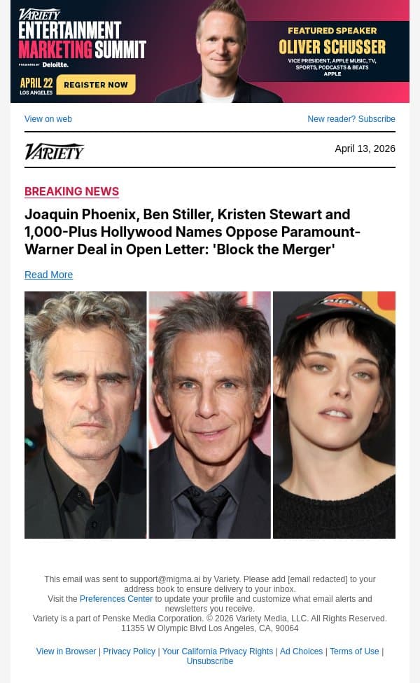 Paramount Responds After 1,000-Plus Hollywood Names Sign Open Letter Opposing Studio's WB Deal: It 'Strengthens Both Consumer Choice and Competition' email from Variety screenshot