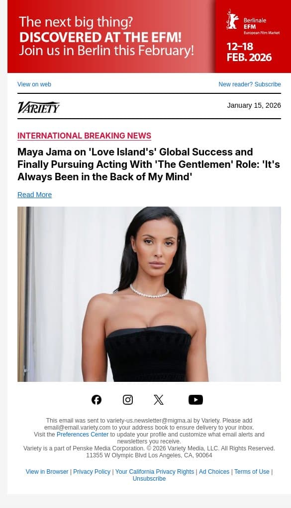Maya Jama on 'Love Island's' Global Success and Finally Pursuing Acting With 'The Gentlemen' Role: 'It's Always Been in the Back of My Mind' email from Variety screenshot