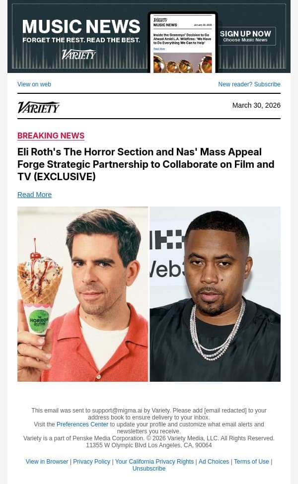 Eli Roth's The Horror Section and Nas' Mass Appeal Forge Strategic Partnership to Collaborate on Film and TV (EXCLUSIVE) email from Variety screenshot