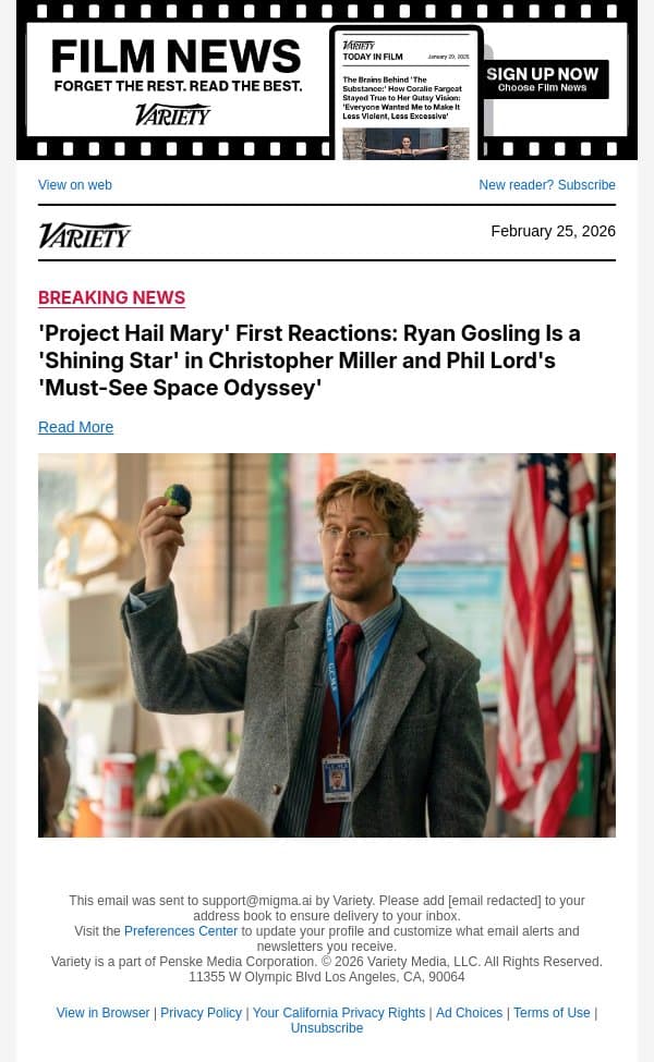 'Project Hail Mary' First Reactions: Ryan Gosling Is a 'Shining Star' in Christopher Miller and Phil Lord's 'Must-See Space Odyssey' email from Variety screenshot