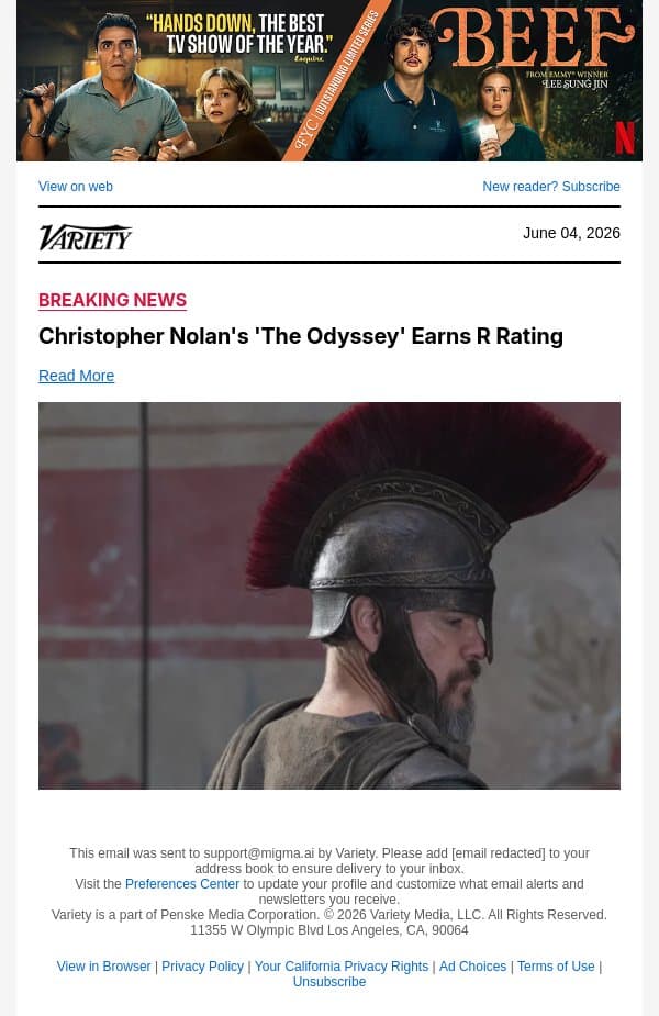 Christopher Nolan's 'The Odyssey' Earns R Rating email from Variety screenshot