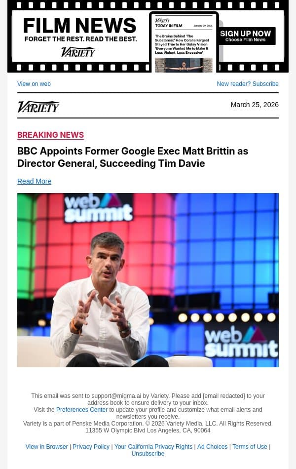 BBC Appoints Former Google Exec Matt Brittin as Director General, Succeeding Tim Davie email from Variety screenshot