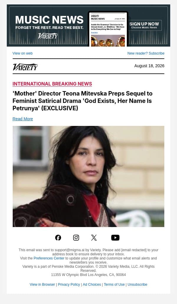 'Mother' Director Teona Mitevska Preps Sequel to Feminist Satirical Drama 'God Exists, Her Name Is Petrunya' (EXCLUSIVE) email from Variety screenshot