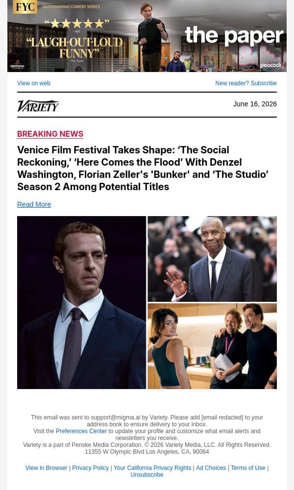 Venice Film Festival Takes Shape: ‘The Social Reckoning,’ ‘Here Comes the Flood’ With Denzel Washington, Florian Zeller's 'Bunker' and ‘The Studio’ Season 2 Among Potential Titles email from Variety screenshot