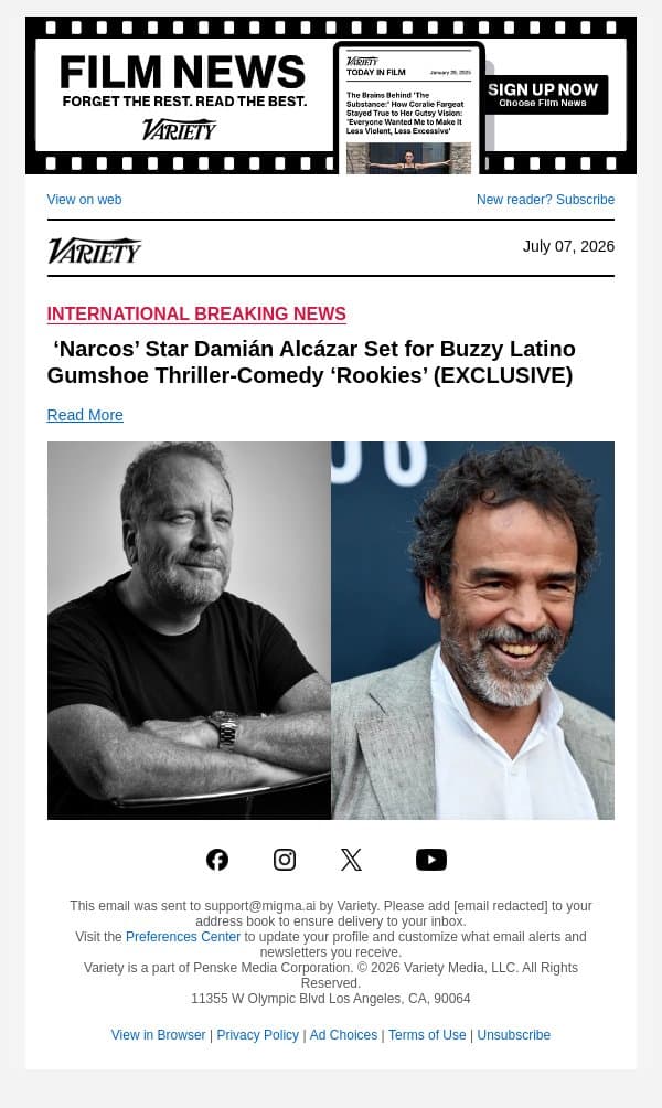 ‘Narcos’ Star Damián Alcázar Set for Buzzy Latino Gumshoe Thriller-Comedy ‘Rookies’ (EXCLUSIVE) email from Variety screenshot