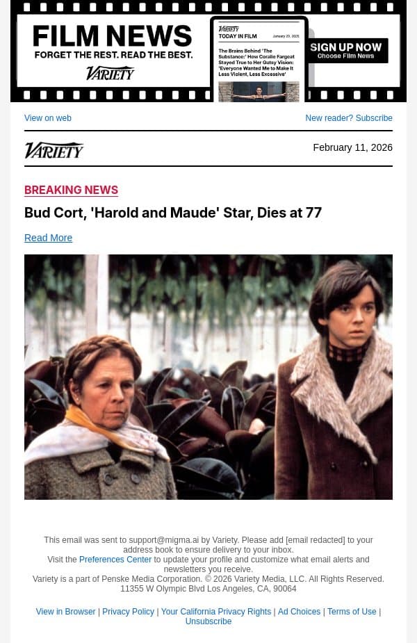 Bud Cort, 'Harold and Maude' Star, Dies at 77 email from Variety screenshot