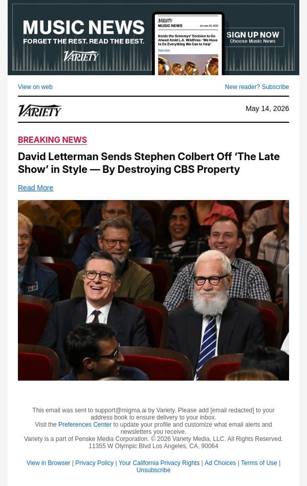 David Letterman Sends Stephen Colbert Off ‘The Late Show’ in Style — By Destroying CBS Property email from Variety screenshot