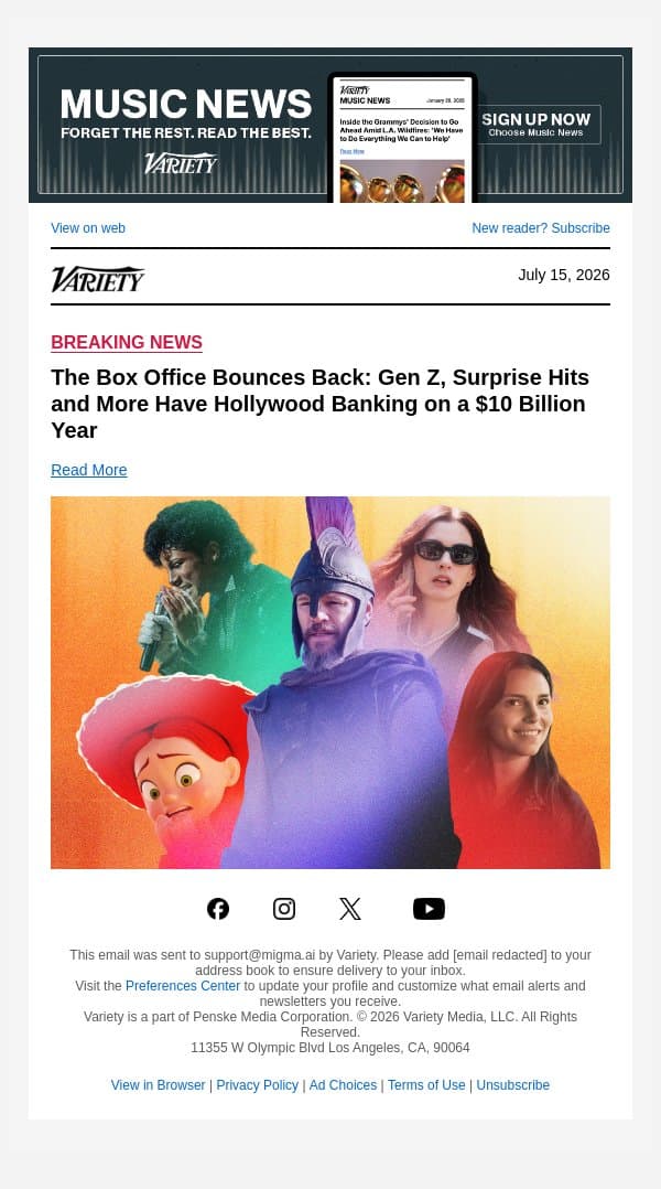 COVER STORY | The Box Office Bounces Back: Gen Z, Surprise Hits and More Have Hollywood Banking on a $10 Billion Year email from Variety screenshot
