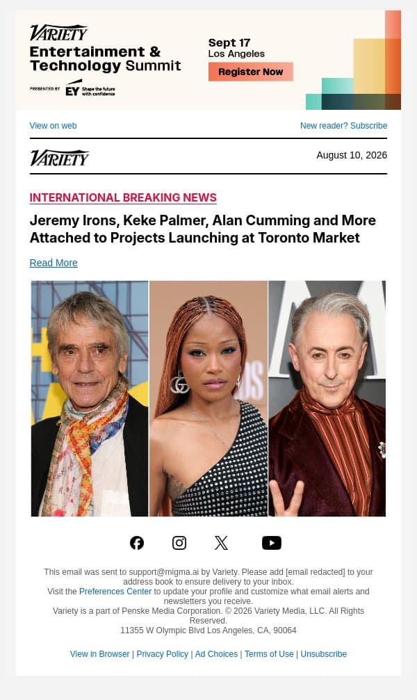 Jeremy Irons, Keke Palmer, Alan Cumming and More Attached to Projects Launching at Toronto Market email from Variety screenshot