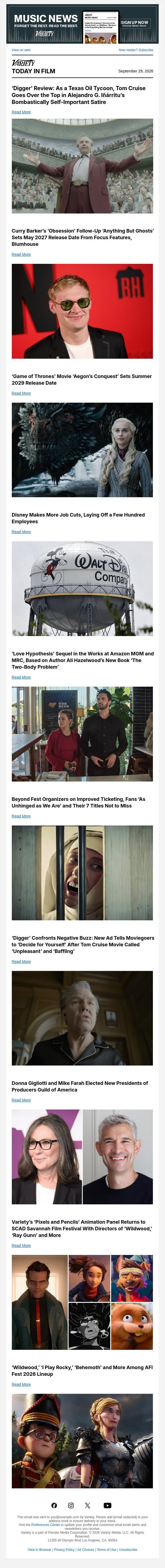 'Digger' Review; Curry Barker Announces 'Obsession' Follow-Up; 'Game of Thrones' Movie Sets Summer Release email from Variety screenshot