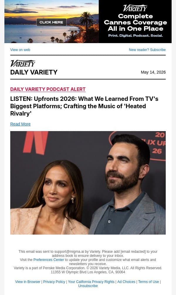 LISTEN: Upfronts 2026: What We Learned From TV's Biggest Platforms; Crafting the Music of 'Heated Rivalry' email from Variety screenshot