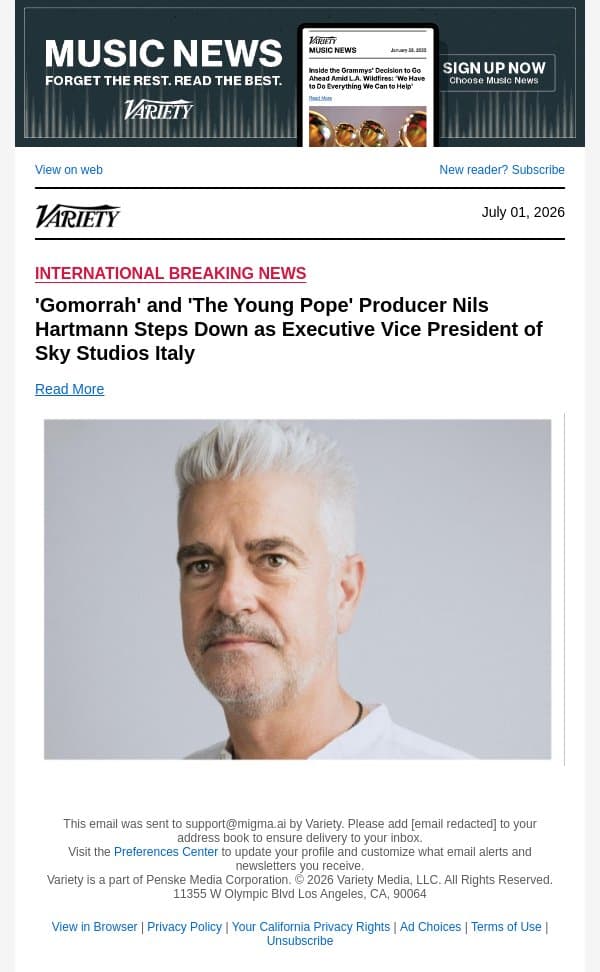 'Gomorrah' and 'The Young Pope' Producer Nils Hartmann Steps Down as Executive Vice President of Sky Studios Italy email from Variety screenshot