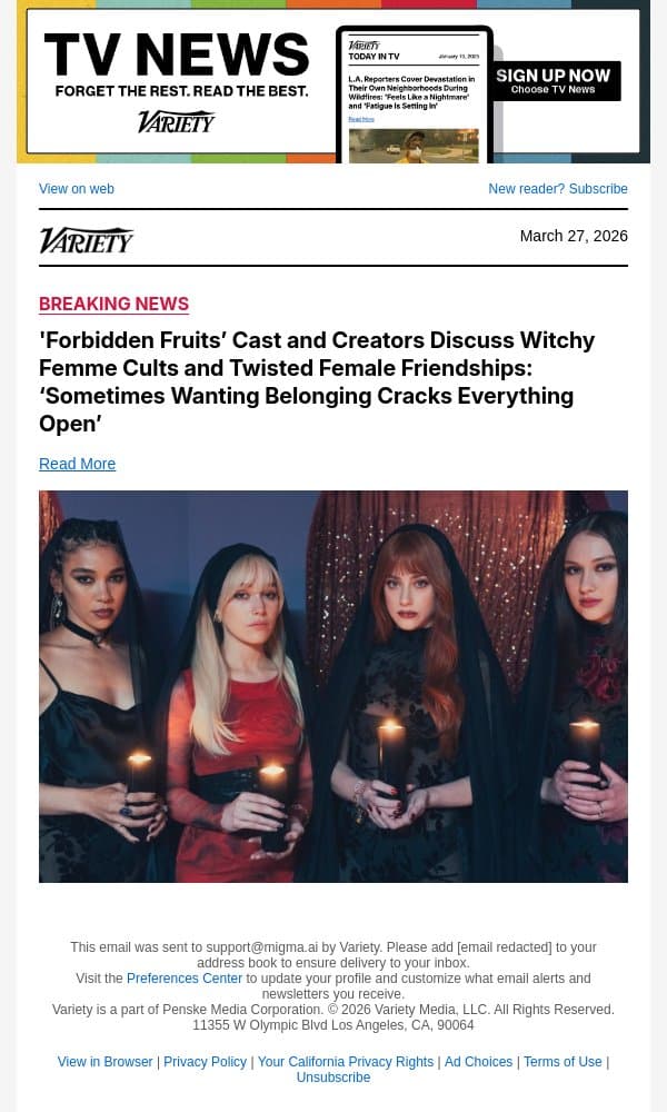 'Forbidden Fruits’ Cast and Creators Discuss Witchy Femme Cults and Twisted Female Friendships: ‘Sometimes Wanting Belonging Cracks Everything Open’ email from Variety screenshot