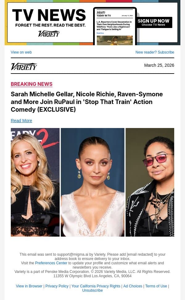 Sarah Michelle Gellar, Nicole Richie, Raven-Symone and More Join RuPaul in 'Stop That Train' Action Comedy (EXCLUSIVE) email from Variety screenshot