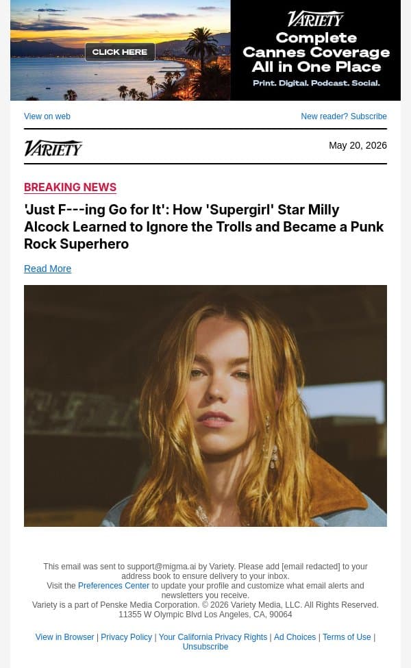 COVER STORY | 'Just F---ing Go For It': How 'Supergirl' Star Milly Alcock Learned to Ignore the Trolls and Became a Punk Rock Superhero email from Variety screenshot