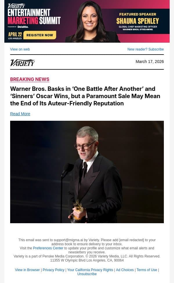 Warner Bros. Basks in ‘One Battle After Another’ and ‘Sinners’ Oscar Wins, but a Paramount Sale May Mean the End of Its Auteur-Friendly Reputation email from Variety screenshot