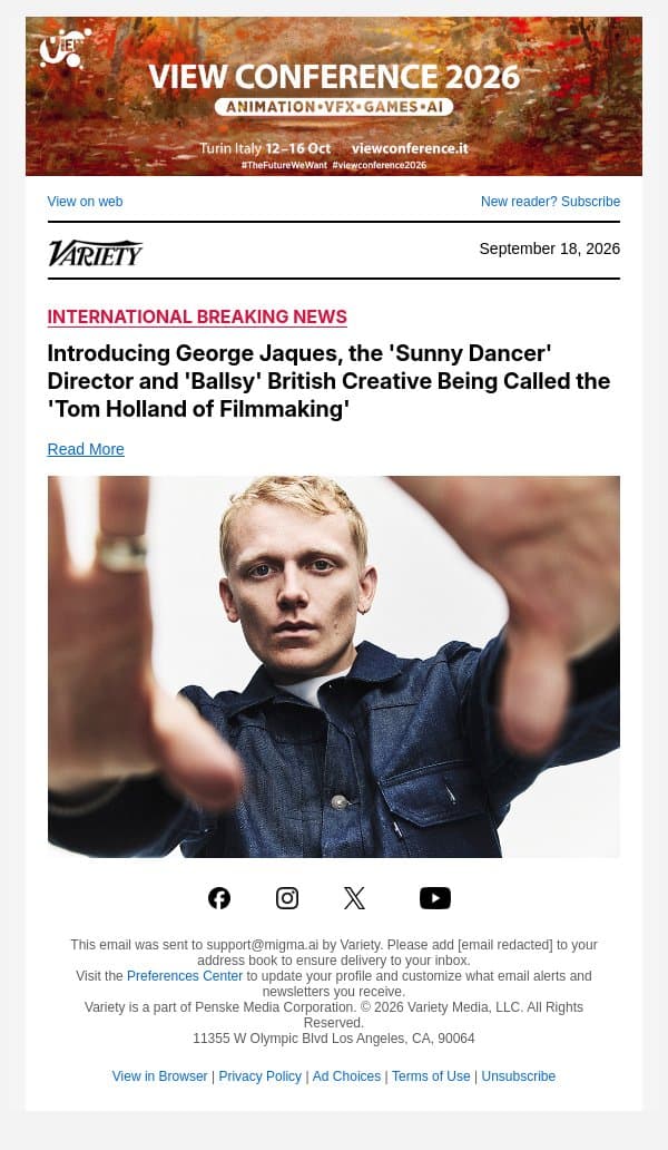 Introducing George Jaques, the 'Sunny Dancer' Director and 'Ballsy' British Creative Being Called the 'Tom Holland of Filmmaking' email from Variety screenshot
