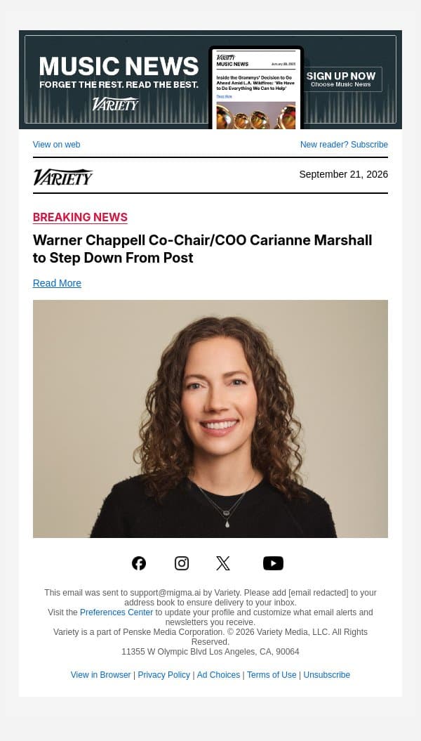Warner Chappell Co-Chair/COO Carianne Marshall to Step Down From Post email from Variety screenshot