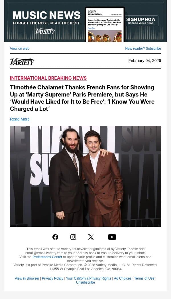 Timothée Chalamet Thanks French Fans for Showing Up at ‘Marty Supreme’ Paris Premiere, but Says He ‘Would Have Liked for It to Be Free’: ‘I Know You Were Charged a Lot’ email from Variety screenshot